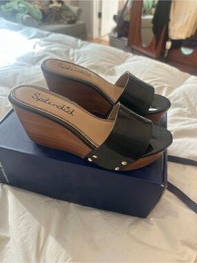 Splendid Black Patent Slide Wedge Sandals with Wood-Effect Platform